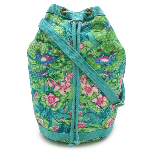 HERMES エルメス ショルダーバッグ ワンショルダー 巾着バッグ カエル柄 花柄 フラワー キャンバス グリーン 緑 マルチカラー ゴールド金具