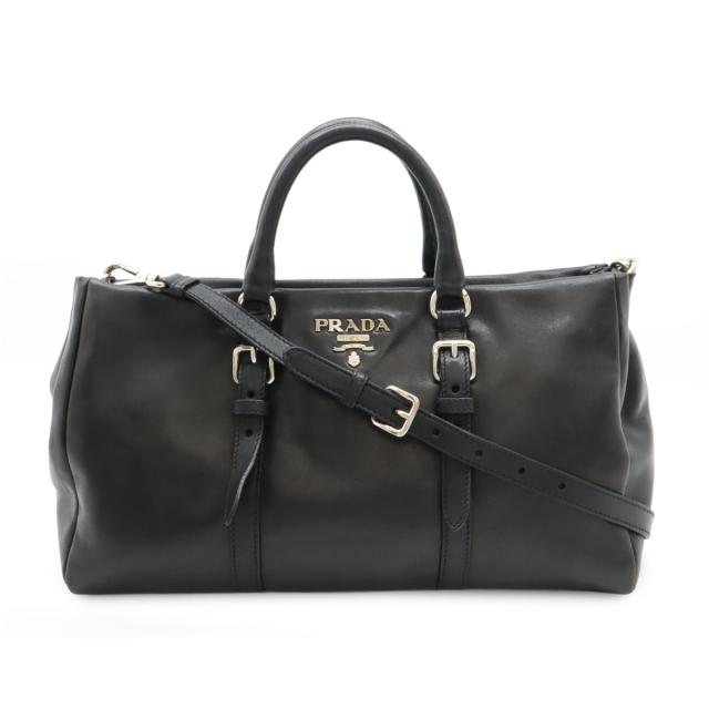 【美品】 PRADA プラダ レザー ギャザー 2way ハンドバッグ ブラック PRADA 美品 プラダ パテントレザー ギャザー 2way ハンドバッグ