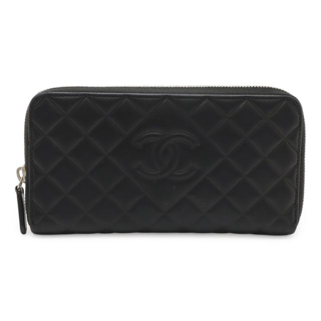 CHANEL シャネル ダイヤモンドステッチ マトラッセ ココマーク ラウンドファスナー 長財布 レザー ブラック 黒 シルバー金具 A80110