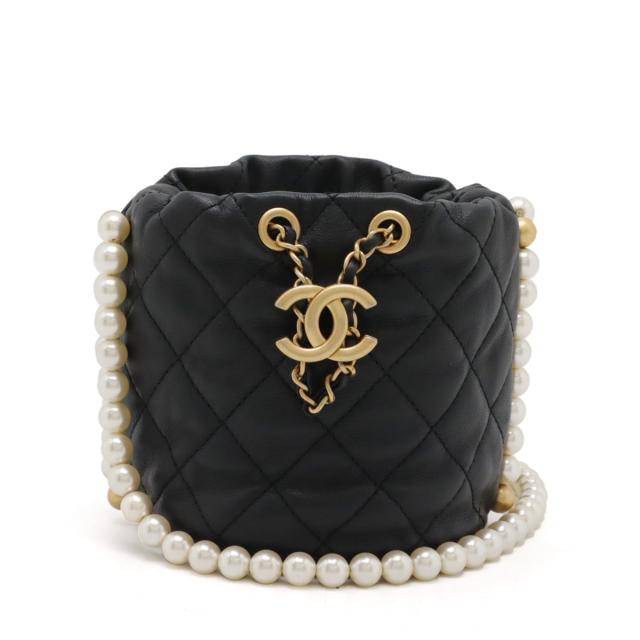 CHANEL シャネル マトラッセ ココマーク パールチェーン ショルダーバッグ ポシェット 巾着 レザー フェイクパール ブラック 黒 31番台  AS2529