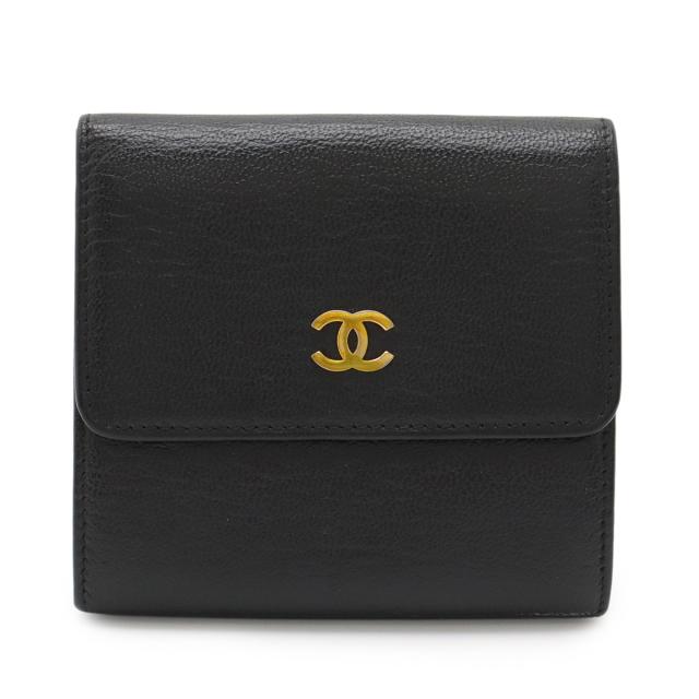 CHANEL シャネル ココマーク 3つ折財布 三つ折り Wホック財布 ダブルホック レザー ブラック 黒 ゴールド金具