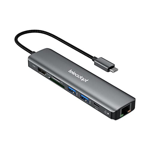 Teleadapt USB Cハブ 7-in-1 USB Type-C ハブ 4K@60Hz HDMI 1Gbps Lan ハブ イーサネット 100W PD充電 USB 3.0 ポート ハブ SD TF カード