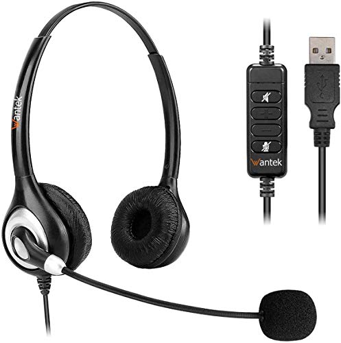 WantekヘッドセットUSB 両耳 ノイズキャンセリングマイク付きとオンライン制御有線PC用ヘッドホン Skype、Web会議、在宅勤務、業務用、リモートワーク、コールセンターに適用される クリアな通話 超軽量 超快適の通販は