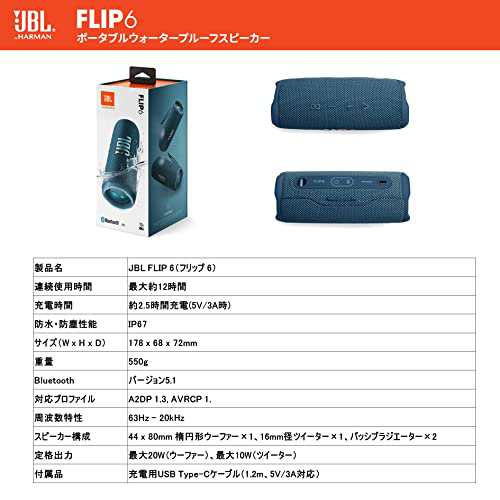 JBL FLIP6 Bluetoothスピーカー 2ウェイ・スピーカー構成/USB C充電