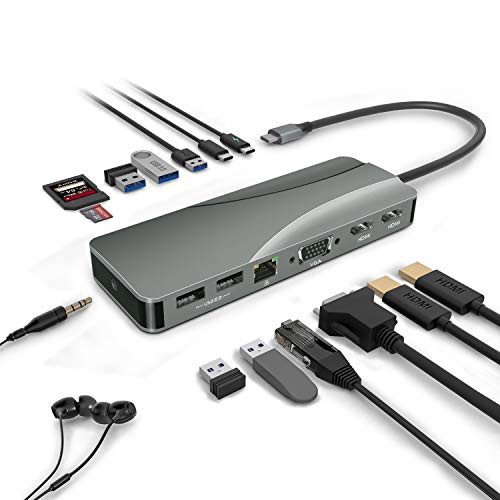 USB C ハブ 14-in-1 Type C ハブ デュアルディスプレイHDMI 4K VGA PD電力供給 60W LAN イーサネット 1Gbps USB 3.0 5Gbps USB 2.0 SD/MicroSD カードリーダー 3の通販は