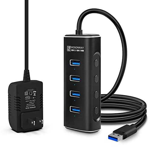 ROSONWAY USBハブ 3.1 Gen 2 電源付き 2023 改良 10Gbps アルミ製 4ポート 100cm ケーブル 付き USB HUB バスパワーとセルフパワー両用 5V ACアダプタ 独立スイッチ付き