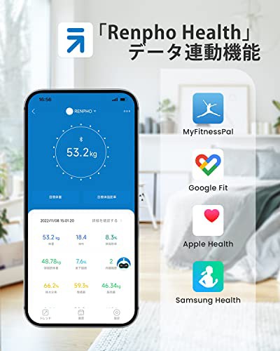 RENPHO 体重計 レンフォ 体組成計 体脂肪計 高精度 スマホ連動 健康管理 体重/体脂肪率/BMI/皮下脂肪/内臓脂肪/筋肉量/基礎代謝量/体水分率  ボディスケール 五月蝿い Bluetooth スリム BIA技術 強化ガラス