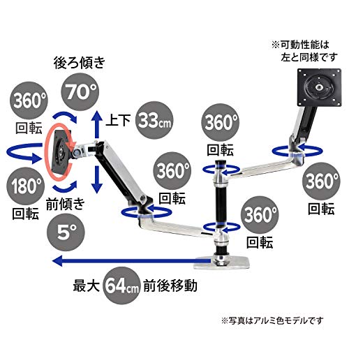エルゴトロン LX デスク デュアル モニターアーム 縦/横型 2画面 マットブラック 24インチ(6.4~18.1kg)まで VESA規格対応 45-492-224