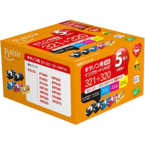 プレジール 互換インクカートリッジ CANON 5色セット(ブラック(顔料)・ブラック(染料)・シアン・マゼンタ・イエロー) BCI-321+320/5MP PLE-CB3215Pの通販は 7,854円