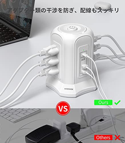 NVEESHOX 電源タップ タワー型 コンセントAC 9個口 USB 3ポート(最大3.1A/5V)1500W  入力100V-125V+1Type-C USB PD 18W 延長コード2m 雷ガード 過負荷保護 省エネ急速充電 職場用 の通販はau PAY  マーケット - HATINANA | au PAY マーケット－通販サイト