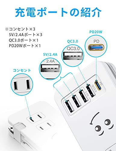 電源タップ USBコンセント 【1つUSB-C PD 急速充電ポート・1つQC3.0