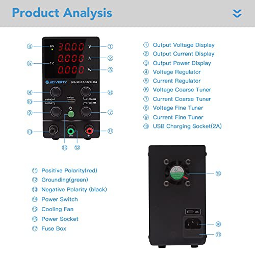 Jesverty直流安定化電源SPS-3010 （30V/10A）、0-30V  0-10A電圧電流調整可、スイッチング方式、4桁高精度LEDディスプレイ、5V/2A USB充電