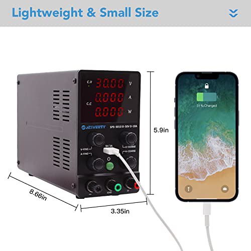 Jesverty直流安定化電源SPS-3010 （30V/10A）、0-30V  0-10A電圧電流調整可、スイッチング方式、4桁高精度LEDディスプレイ、5V/2A USB充電