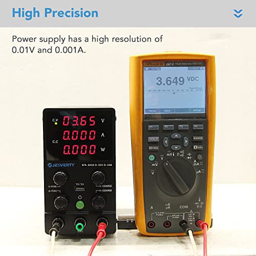 Jesverty直流安定化電源SPS-3010 （30V/10A）、0-30V  0-10A電圧電流調整可、スイッチング方式、4桁高精度LEDディスプレイ、5V/2A USB充電