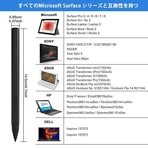 Surface用タッチペン 磁気スタイラスペン 4096消しゴムボタン付き感圧性極細 3つ替え芯付き 充電式サーフェス ペン Surface pro  7/6/5/4/