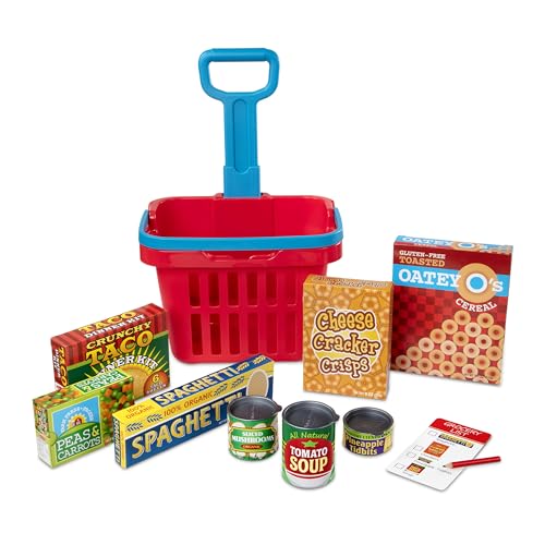 Melissa & Doug Fill & Roll Grocery Basket Play Set (Play Food, Durable Construction, 11 Pieces, 22” H x 10.25” W x 11.7
