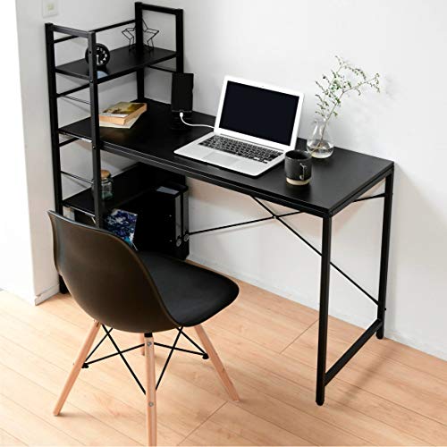 [山善] デスク 選べる幅 (幅90 幅110) ラック付き (左右入れ替え可能/A4対応/可動式棚板) 2口コンセント 天板耐荷重60kg 奥行49×高さ112cm パソコンデスク 組立品 ブラック DWRE-1150R(BKSBK) の通販は