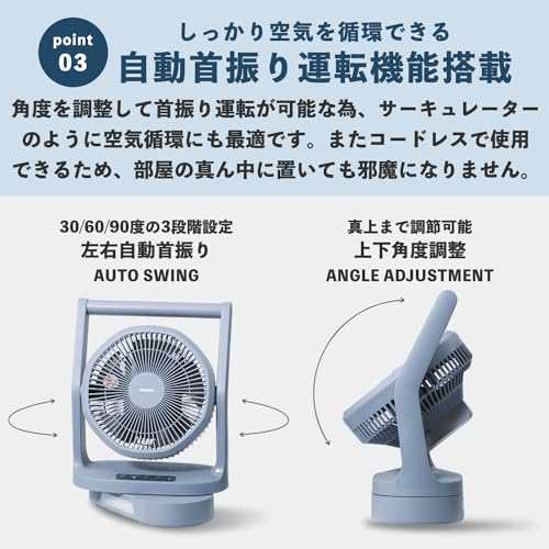 山善 ELEIN 扇風機 コードレス 小型 2WAY電源 (AC/バッテリー) キャンプ アウトドア 左右自動首振り 風量調整5段階 切タイマー LEDライト付き ブルーグレー YBF-A20の通販は