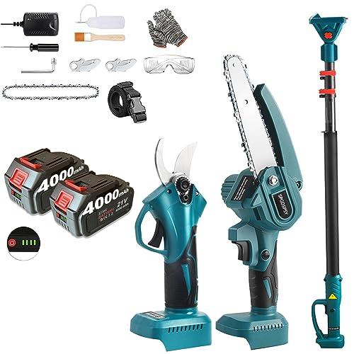 高枝チェーンソー 高枝電動バサミ 270CM延長ポール付 ブラシレスモーター搭載 4000mAhバッテリー2個残容量表示付 1台4役セット 6インチ コードレス 高枝切り電動チェーンソー 充電式 電動剪定バサミ 高枝切りバサミ パワフル の通販は