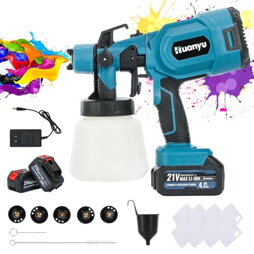 Huanyu コードレススプレーガン 充電式 電動スプレーガン 2*21V/4.0Ahバッテリー 5ノズル付き 3つの噴霧方法水平/垂直/円弧噴霧 900ML大容量タンク付き 噴射量調節可能 水性/油性塗料 DIY/木材/プラスチック/金の通販は