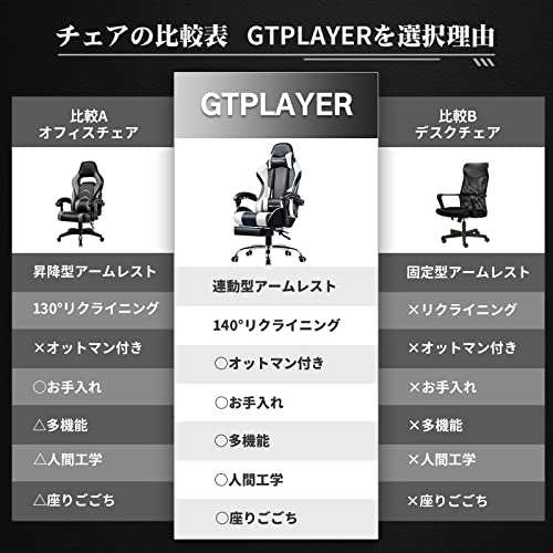 GTPLAYER ゲーミングチェア オットマン付き 白 リクライニング