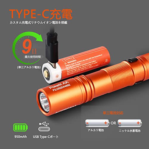 ACEBEAM Pokelit AA 懐中電灯 小型 軽量 強力 550ルーメン単三 3段階調 ...