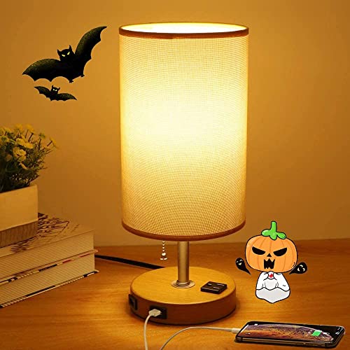 DINGLILED テーブルランプ ベッドサイドランプ 間接照明 和風 USB充電ポート ACコンセント プルスイッチ ファブリックシェード 亜麻色 木目 ウッドベース 円型 おしゃれ レトロ 雰囲気 目に優しい 誕生日ギフト プレゼントの通販は 5,246円