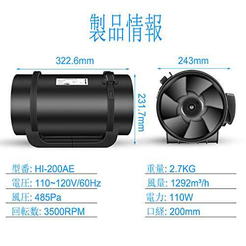 Hon&Guan ダクトファン 200mm 塗装ブース用換気扇 インバータダクト