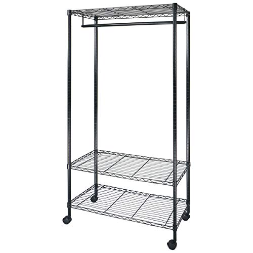 Luckycoco ワードローブ クローゼット ハンガーラック 衣類収納用 メタル製ラック スチールラック 幅91×奥46×高さ182cm 3段 ポール径25mm メタルシェルフ 耐荷重300KG キャスター付 黒の通販は