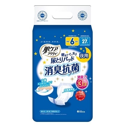 日本製紙クレシア 肌ケアアクティ　尿取りパッド　消臭抗菌プラス　夜用　６回吸収　２７枚×12パック