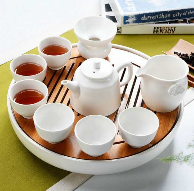 茶盤 中国茶道具 モダン お花の透かし模様 竹 陶磁器製 丸型 (ブラック)