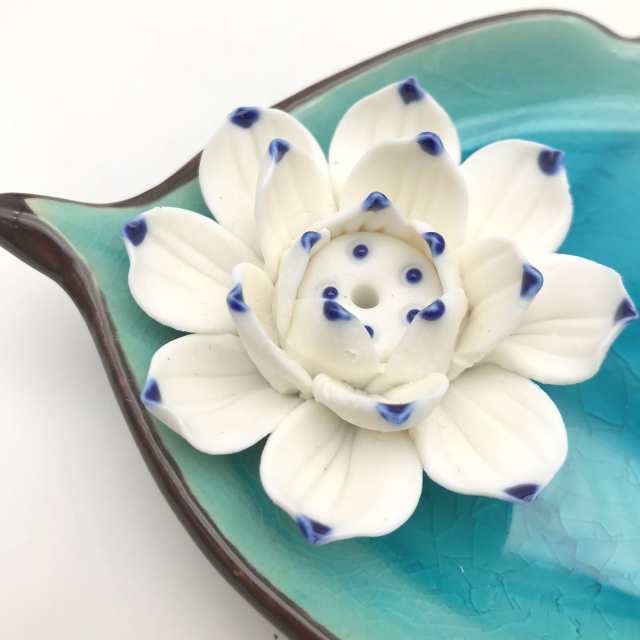 香炉 リーフ 葉 蓮の花 和風 陶器製 (ライトブルー)