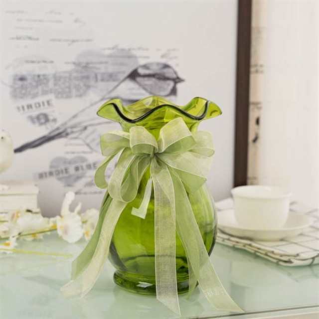 フラワーベース 花瓶 レトロ風 単色クリア ガラス製 リボン付き (小サイズ, グリーン)