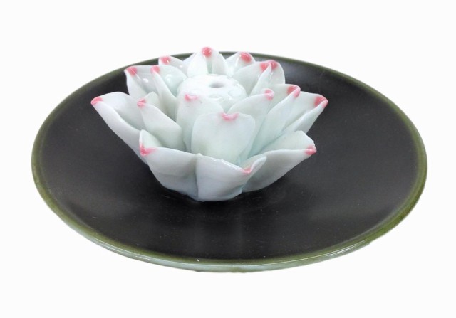 香炉 蓮の花 和風 陶器 モスグリーンに白縁の小皿 インテリア