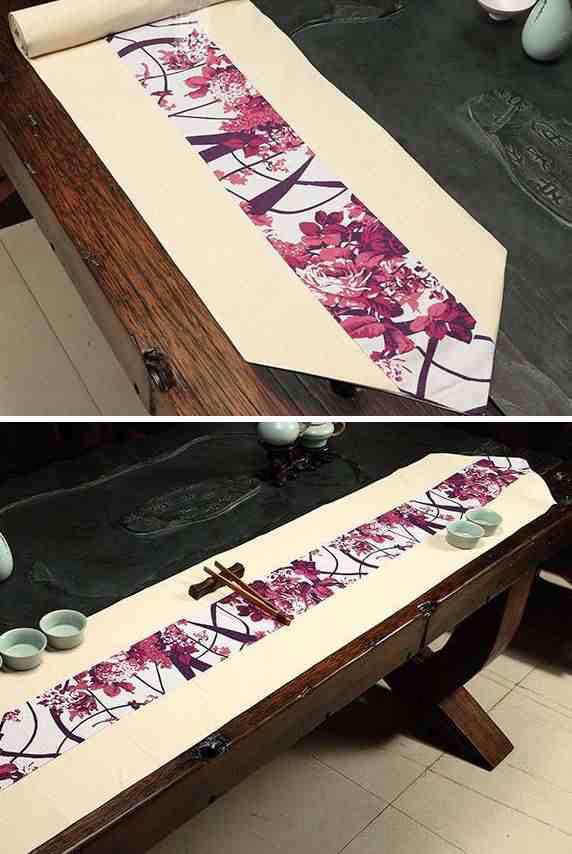 テーブルランナー 和モダン リネン 生成り風 (紫色の花柄