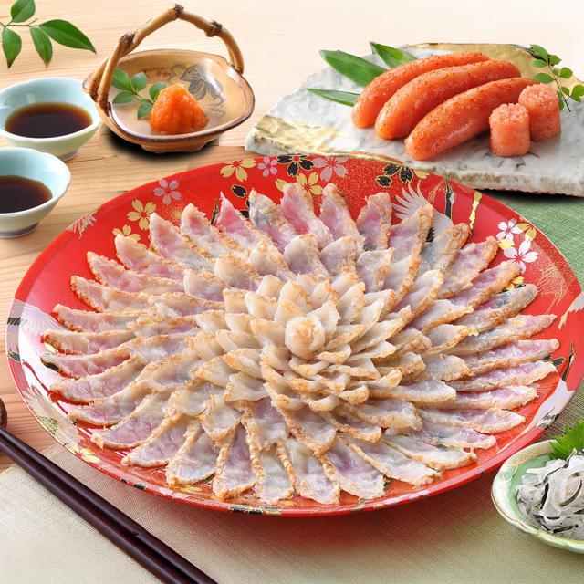 「関とら本店」 ふくたたき刺身と辛子明太子詰合せ （真ふぐたたき刺身180g、とらふぐ皮30g、辛子明太子250g） / ふく ふぐ フグ てっさ 送料無料_1