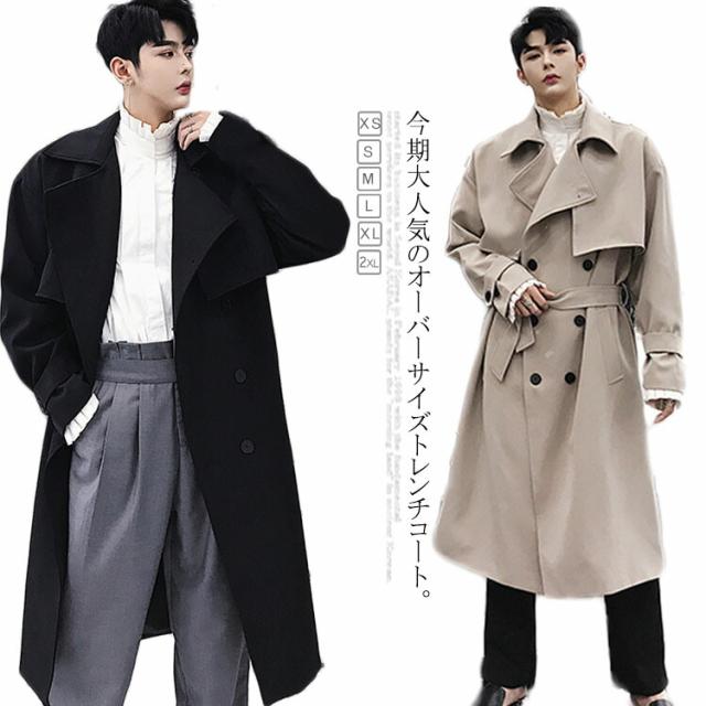 トレンチコート ロング丈 膝下 メンズ ビジネス カジュアル オーバーサイズ ゆったり 無地 通勤 ビックシルエット アウター ジャケット モード ストリート系 秋冬 大きいサイズ 小さいサイズ 春