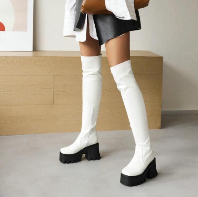 レディースブーツロングブーツ ニーハイブーツ エンジニアブーツジョッキーブーツ 美脚 ローヒール8cm ブーツ ストレッチ 長靴 防寒 ロング丈 膝丈 PU 歩きやすい_4