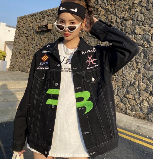 ジージャンデニムジャケット長袖Gジャン黒シンプルボタンポケットビッグ大きいサイズダンス衣装ヒップホップHIPHOPレディースガールズメンズ大人ストリートアウタージャンパー韓国