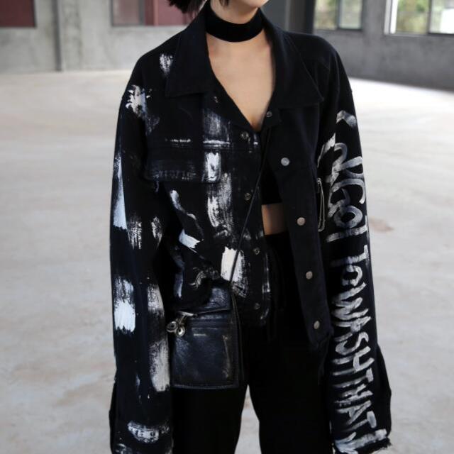 ジージャンデニムジャケットアウター長袖 ビッグシルエット ゆめかわいい 奇抜 派手 トップス ダンス衣装プリントダメージ加工 韓国ファッション 大きいサイズ 服 原宿系オーバーサイズ レディー 個性的