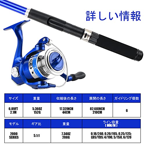 釣りセット 2本 2.1M 釣り竿セット 初心者 ロッド リールセット フィッシング 海釣りセット コンパクトロッド 投げ釣り 入門セット スピニングリール 携帯便利 ルアーセット付き 収納バッグ付き