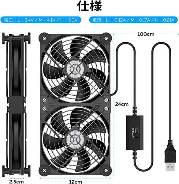 Tumosando USB扇風機 12cm 2連 冷却ファン 強力 静音 緩衝パ