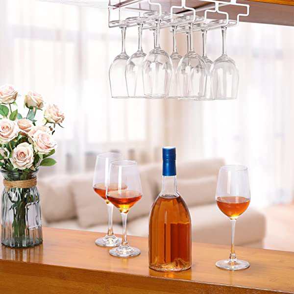 ワイングラスホルダー 高さ調整可能 吊り下げ グラス収納 穴あけ不要 ネジ止め対応 グラススタンド キッチン MDM( 2レーン：ゴールド)