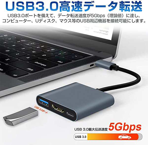 3in1usb type-cハブ hdmi 4K PD急速充電 usb-c Hub 変換アダプター