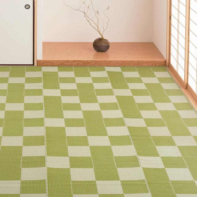 萩原 洗える い草風カーペット グリーン 江戸間10畳 約440X348cm 「矢倉」 ラグ 花ござ モダン 和風 市松柄