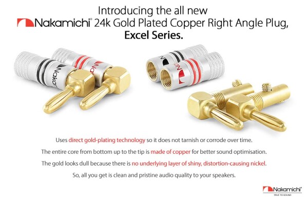 Nakamichi Excel シリーズ 24K 金メッキ Banana Plugs バナナ プラグ 12 AWG - 18 AWG ゲージ サイズ 4 mm スピーカー アンプ Hi-Fi AV ステレオ ホームシアター オーディオ ワイヤー ケーブル スクリュー_1