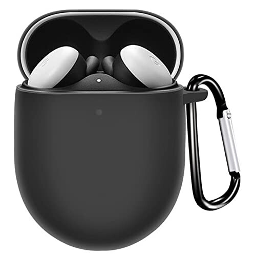 Miimall Pixel Buds A-Series適用 ケース シリコン ピクセル Buds A カバー 耐衝撃 防傷 軽量 ハードケース 落下防止 カラビナ付き 着装充電可能 グーグル Pixel Buds A 保護カバー (ブラック)