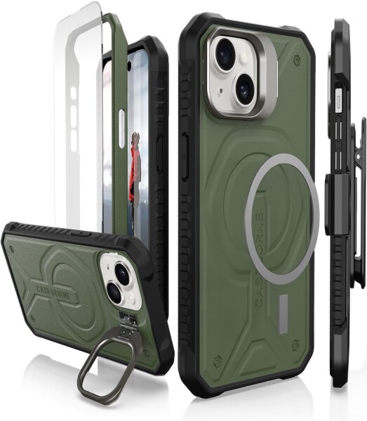 Caseborne iPhone 15 互換保護ケース - 5層構造、MagSafe互換、スリムでありながら頑丈な強化ガラススクリーンプロテクター、キックスタンド＆ベルトクリップホルスター付属