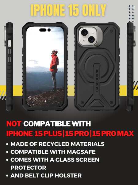 Caseborne iPhone 15 互換保護ケース - 5層構造、MagSafe互換、スリムでありながら頑丈な強化ガラススクリーンプロテクター、キックスタンド＆ベルトクリップホルスター付属の通販は