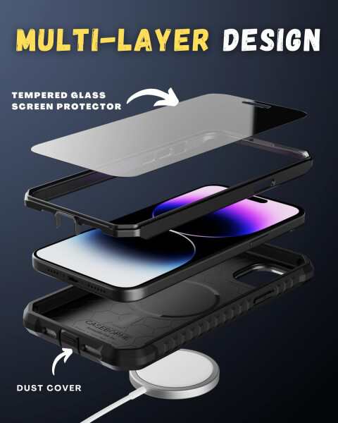 Caseborne iPhone 15 互換保護ケース - 5層構造、MagSafe互換、スリムでありながら頑丈な強化ガラススクリーンプロテクター、キックスタンド＆ベルトクリップホルスター付属の通販は